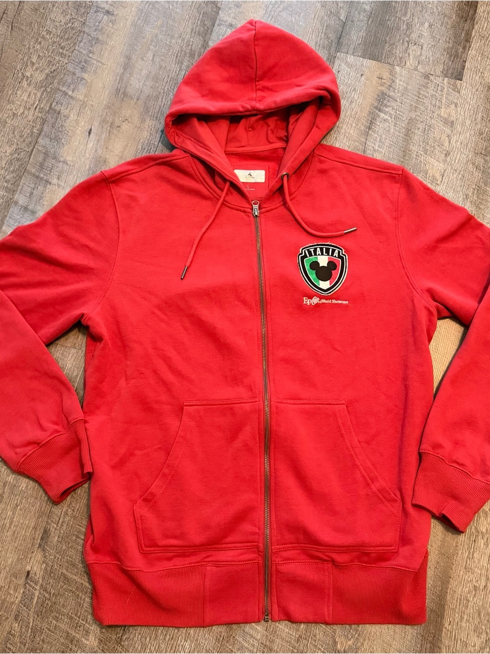 Disney Epcot Showcase Red Zip-Up Hoodie with Italia Patch Size Large